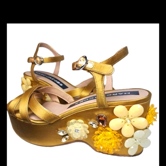 Marc Jacobs Gold Satin Embellished Platform Sandals - Picture 3 of 11